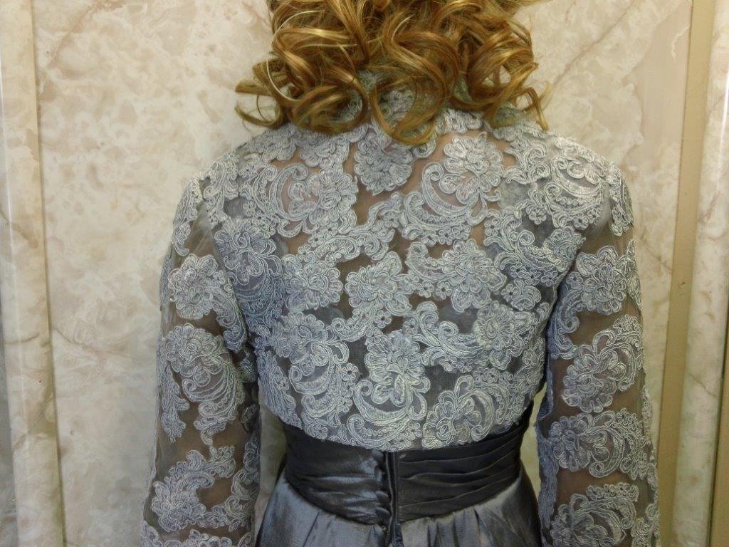 pewter dress with lace jacket